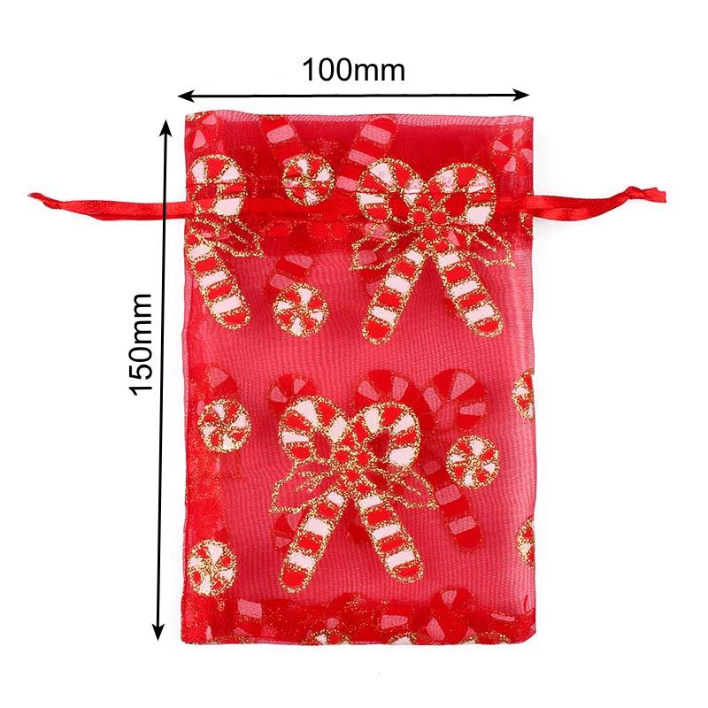 Christmas Organza Bags 100x150mm Candy Cane Pattern - 50/Pack - dimensions