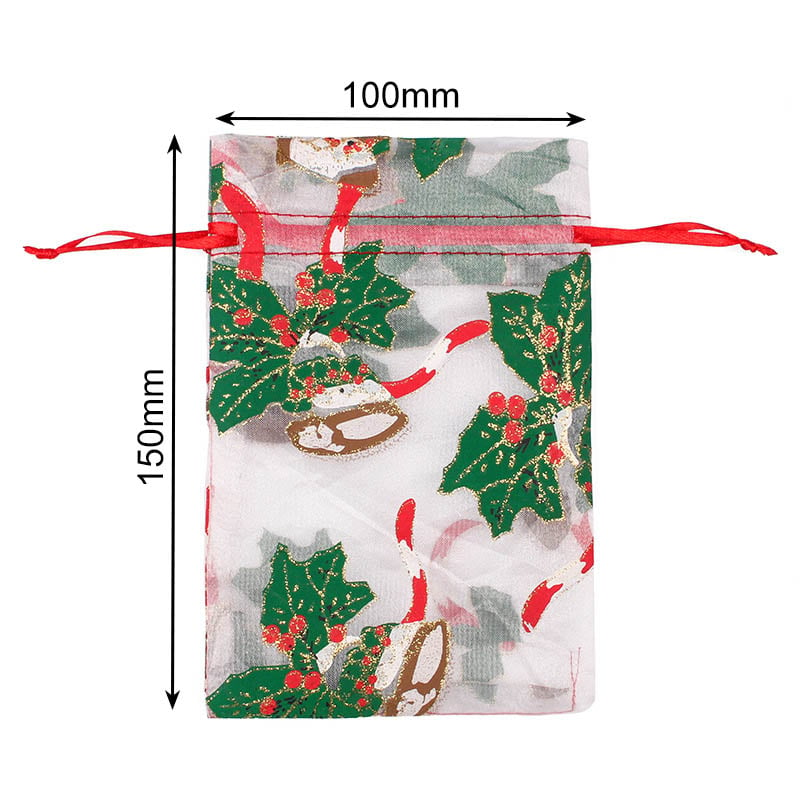 Christmas Organza Bags 100x150mm Holy Bell Pattern - 50/Pack - dimensions