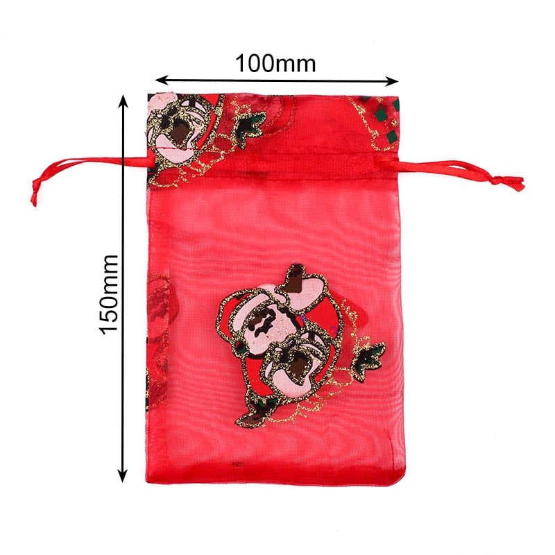 Christmas Organza Bags 100x150mm Santa Pattern - 50/Pack - dimensions