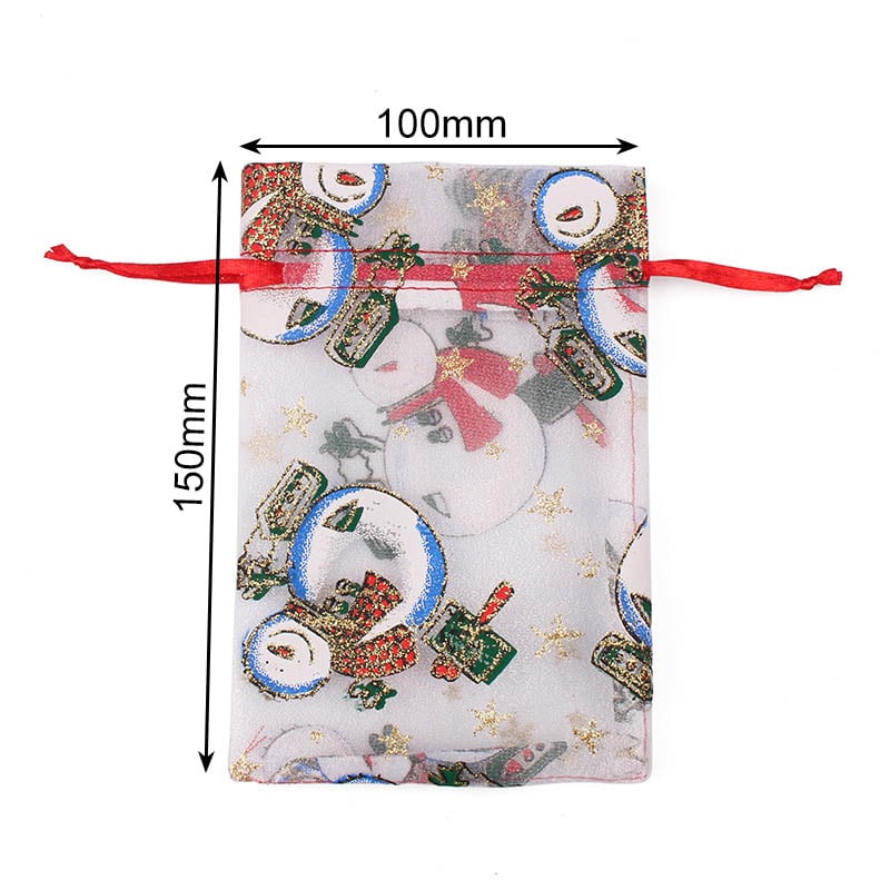 Christmas Organza Bags 100x150mm Snowman Pattern - 50/Pack - dimensions