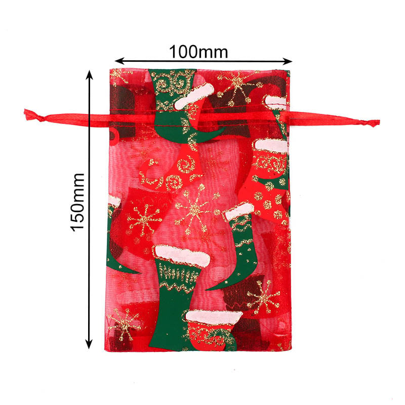 Christmas Organza Bags 100x150mm Stocking  Pattern - 50/Pack - dimensions