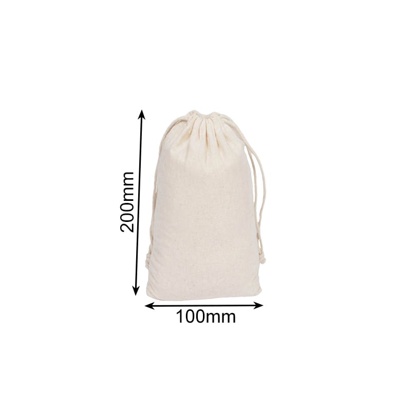 Small Calico Drawstring Bags 100x200mm - 50/Pack - dimensions