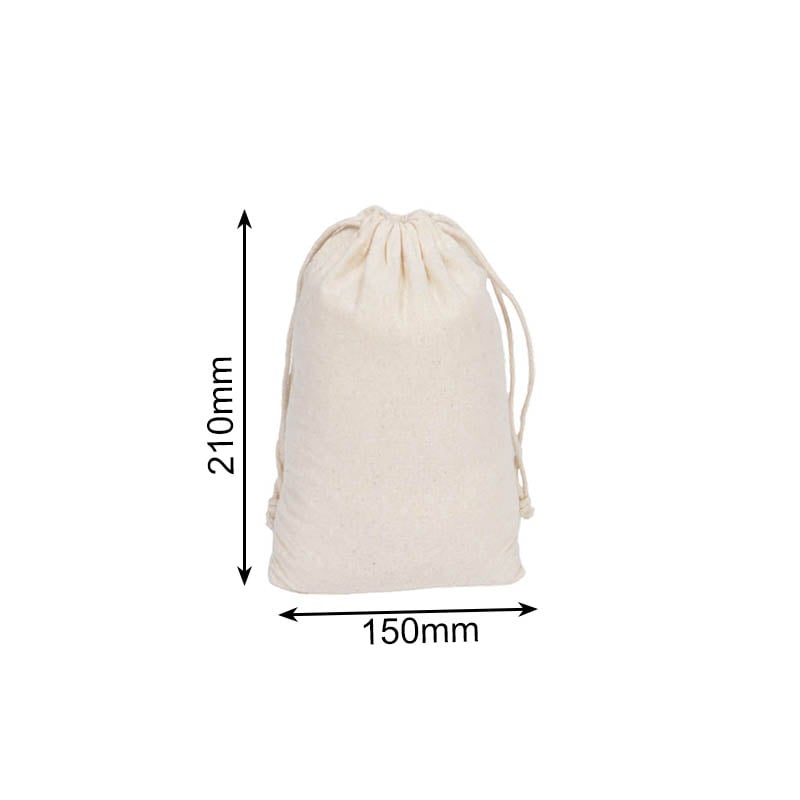 Small Calico Drawstring Bags 150x210mm - 50/Pack - dimensions