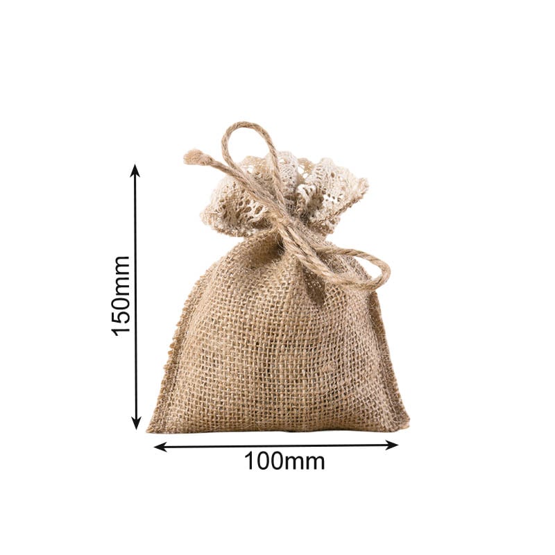 Hessian Drawstring Gift Bags with Lace Trim 100x150mm - 10/Pack - dimensions