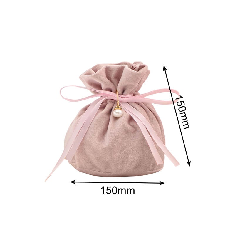 Velvet Satin Drawstring Bags with Pearl 150x150mm Pink - 10/Pack - dimensions