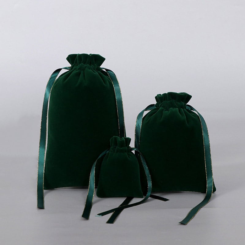 Velvet Satin Drawstring Bags 120x180mm Dark Green - 50/Pack - dimensions