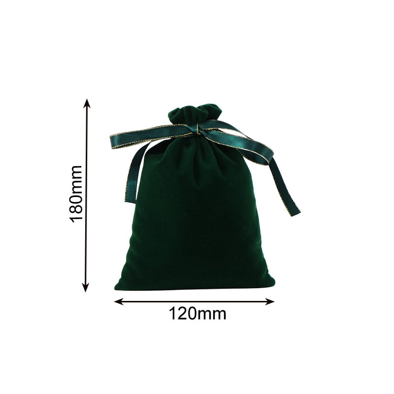 Velvet Satin Drawstring Bags 120x180mm Dark Green - 50/Pack - dimensions