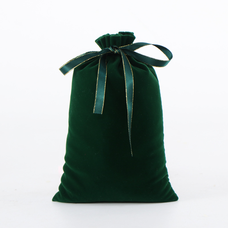 Velvet Satin Drawstring Bags 140x220mm Dark Green - 50/Pack - dimensions