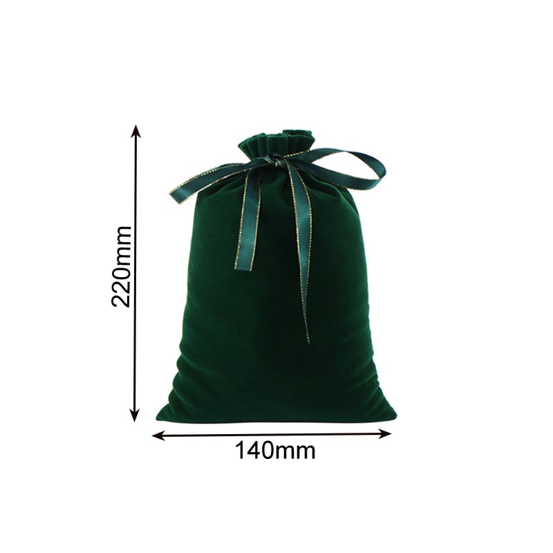 Velvet Satin Drawstring Bags 140x220mm Dark Green - 50/Pack - dimensions