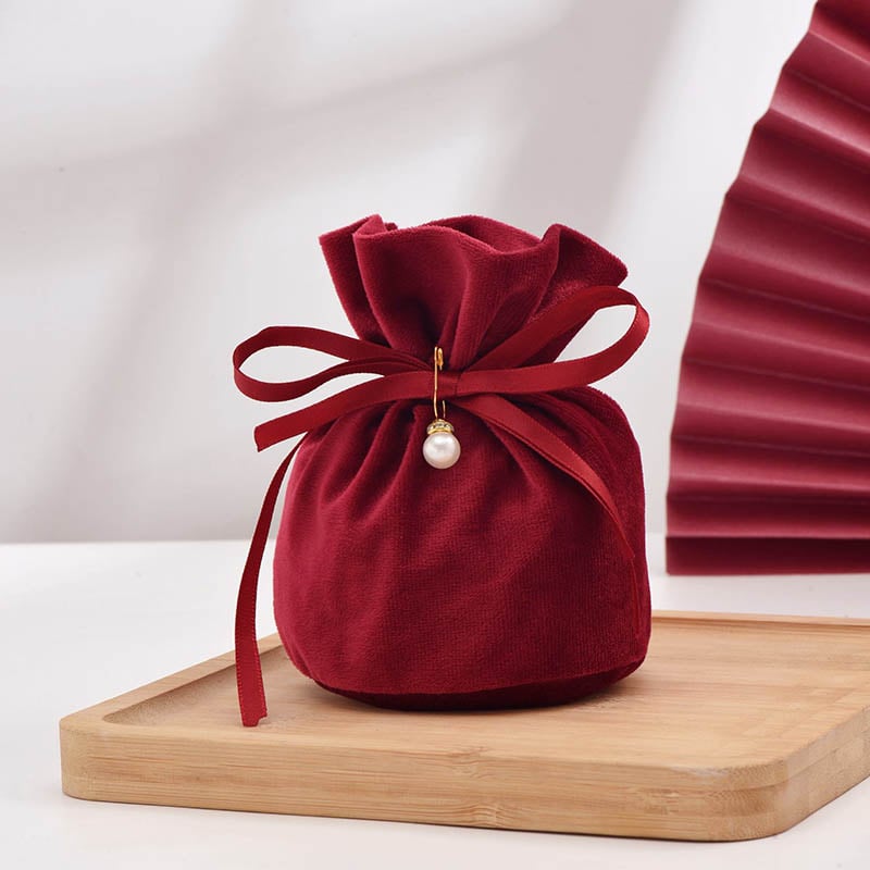 Velvet Satin Drawstring Bags with Pearl 150x150mm Burgundy - 10/Pack - dimensions