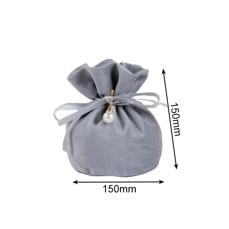 Velvet Satin Drawstring Bags with Pearl 150x150mm Grey - 10/Pack - dimensions