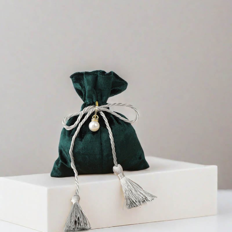 Velvet Tassel Drawstring Bags with Pearl 120x140mm Green - 10/Pack - dimensions