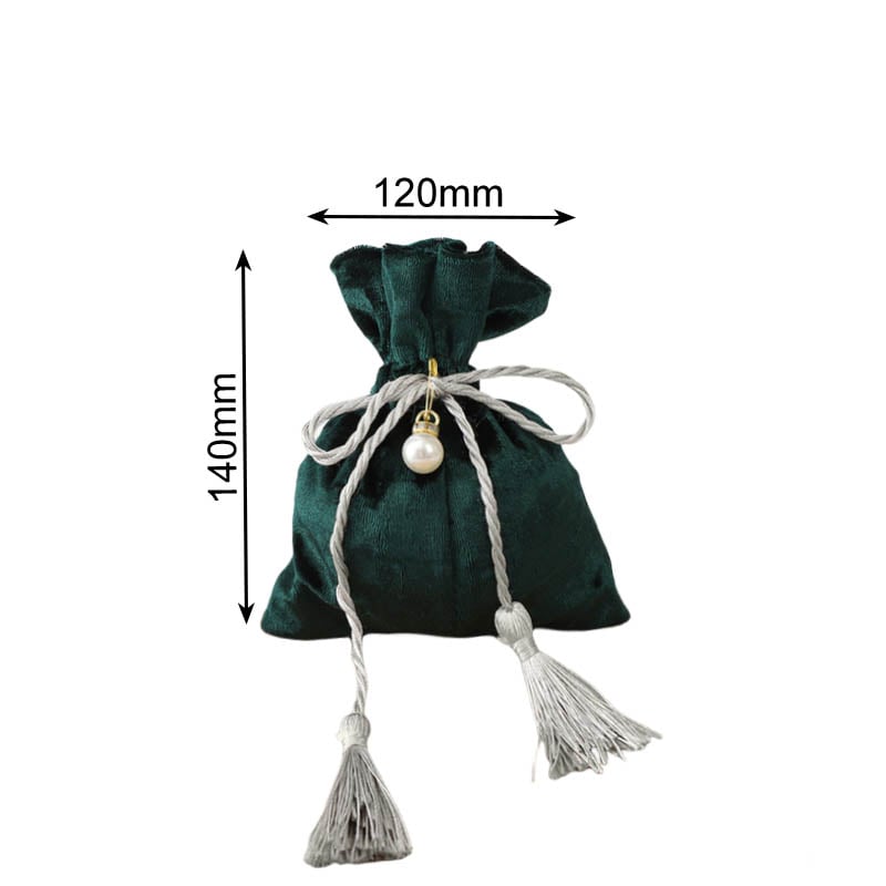 Velvet Tassel Drawstring Bags with Pearl 120x140mm Green - 10/Pack - dimensions