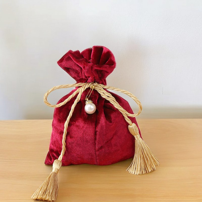 Velvet Tassel Drawstring Bags with Pearl 120x140mm Red - 10/Pack - dimensions