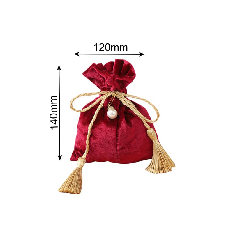 Velvet Tassel Drawstring Bags with Pearl 120x140mm Red - 10/Pack - dimensions