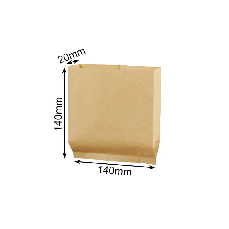 Greaseproof Paper Bags Flat Bottom 140x140mm Brown - 600/Pack - dimensions