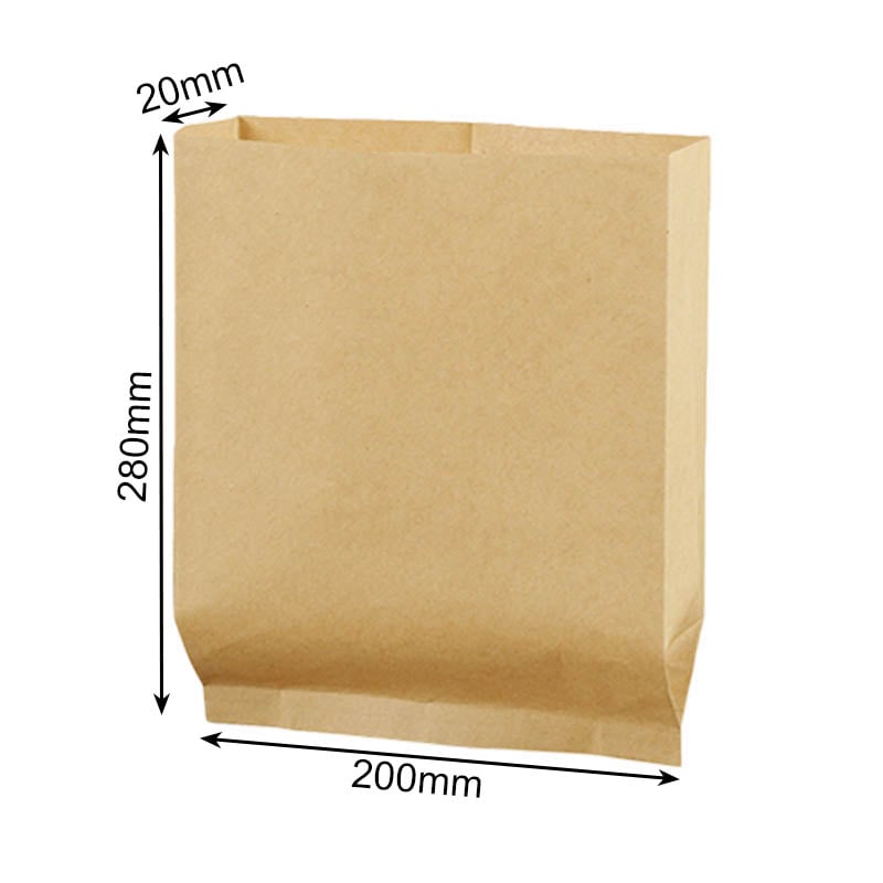 Greaseproof Paper Bags Flat Bottom 200x280mm Brown - 600/Pack - dimensions