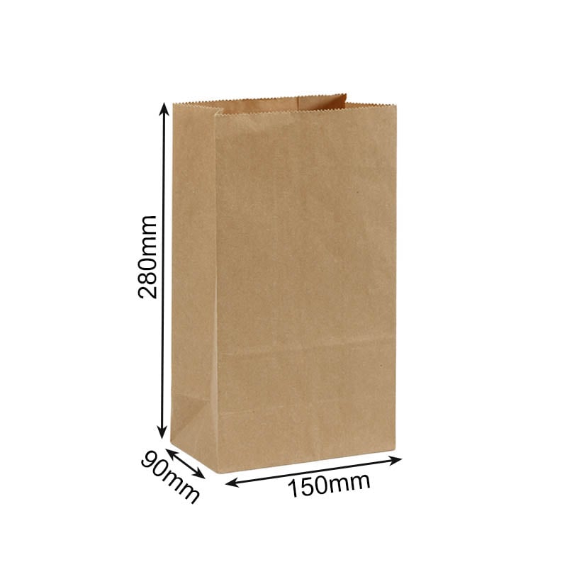 Greaseproof Paper Bags Square Bottom 150x280mm Brown - 300/Pack - dimensions