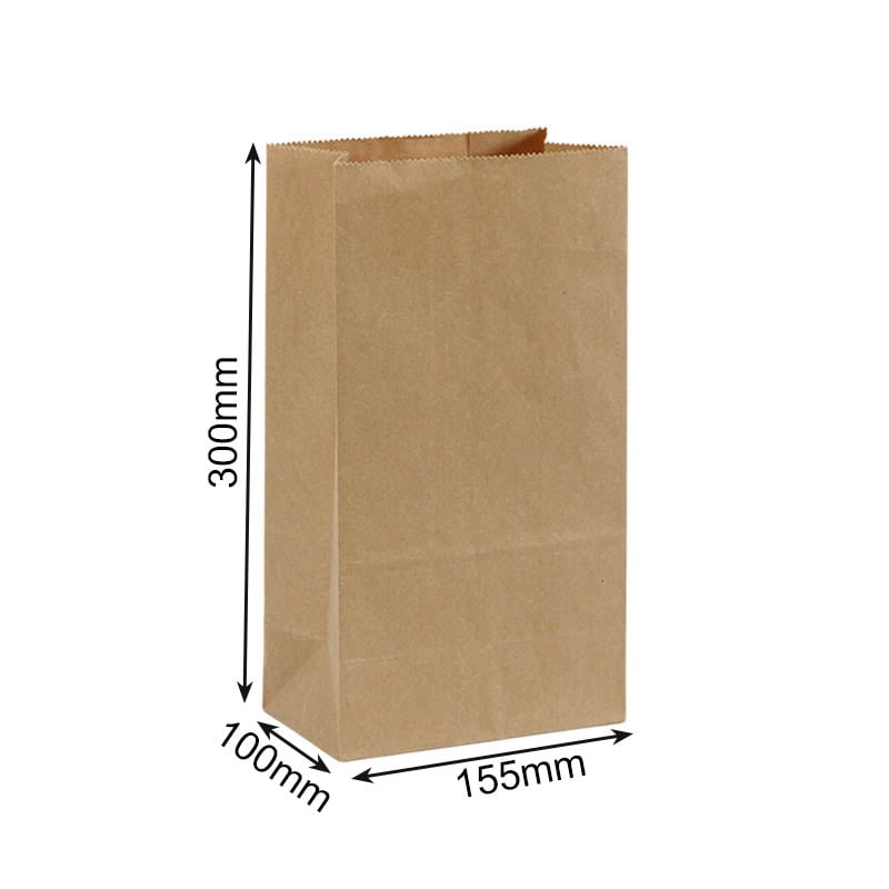 Greaseproof Paper Bags Square Bottom 155x300mm Brown - 300/Pack - dimensions