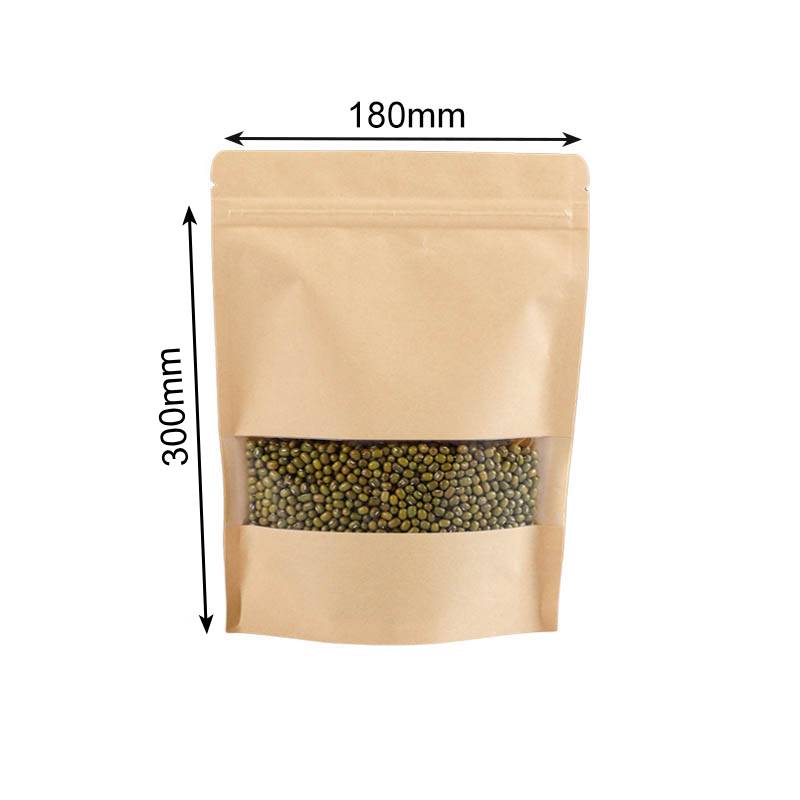 600g Kraft Stand Up Pouches with Clear Window 180x300mm - 100/Pack - dimensions