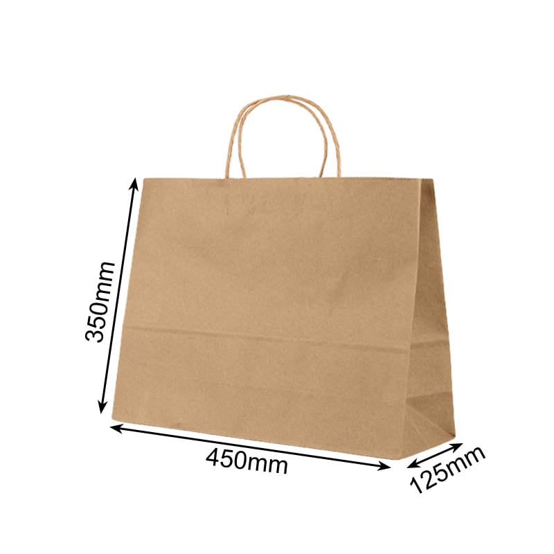 Large Paper Bags Twisted Handles 450x350mm Brown - 50/Pack - dimensions