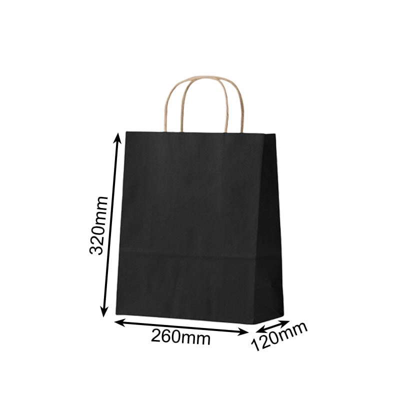 Medium Paper Bags Twisted Handles 260x320mm Black - 50/Pack - dimensions