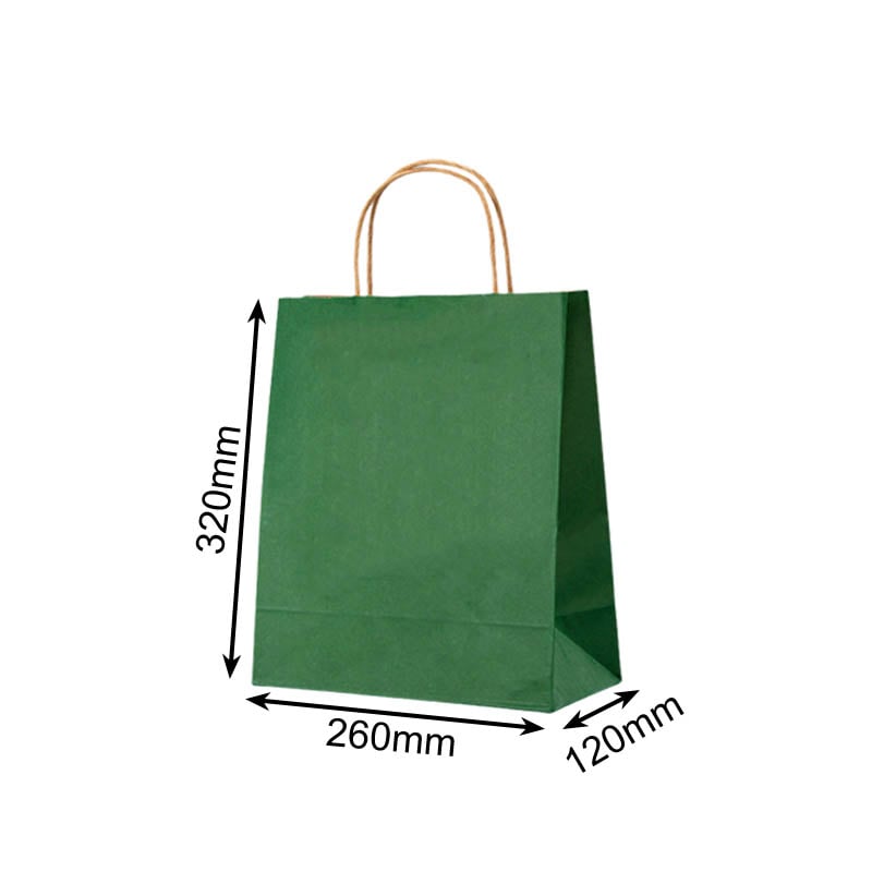 Medium Paper Bags Twisted Handles 260x320mm Dark Green - 50/Pack - dimensions