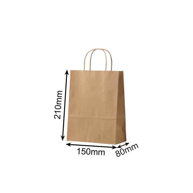 Mini Paper Bags Twisted Handles 150x210mm Brown - 50/Pack - dimensions