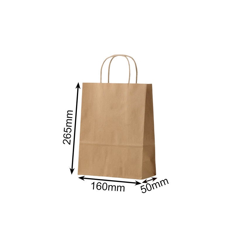 Mini Paper Bags Twisted Handles 160x265mm Brown - 50/Pack - dimensions