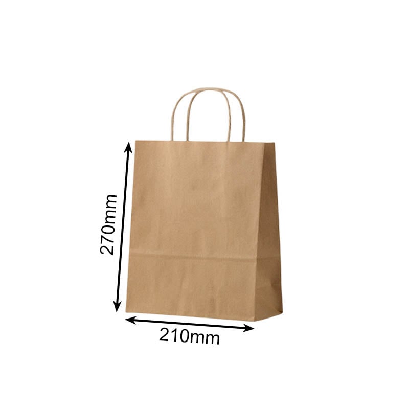 Small Paper Bags Twisted Handles 210x270mm Brown - 50/Pack - dimensions