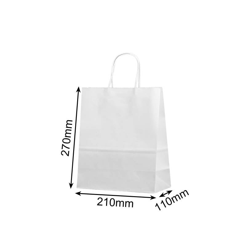 Small Paper Bags Twisted Handles 210x270mm White - 50/Pack - dimensions