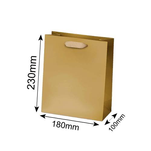 Matt Laminated Paper Bags 180x100x230mm Gold - 50/Pack - dimensions