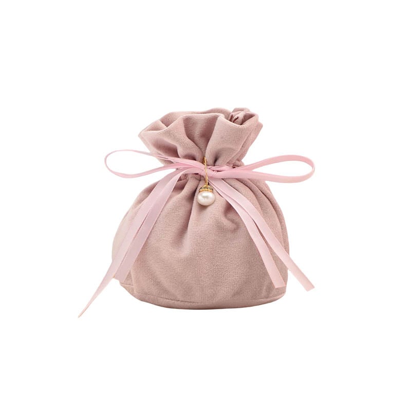 Velvet Satin Drawstring Bags with Pearl 150x150mm Pink - 10/Pack - dimensions