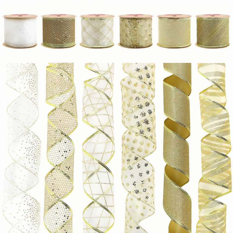 Gold Glitter Organza Ribbons 63mmx5M - 6 Rolls