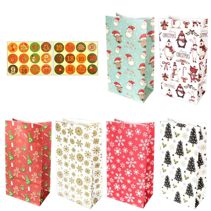 Christmas Paper Bags 120x230x75mm with Stickers - 24/Pack