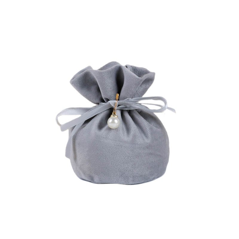 Velvet Satin Drawstring Bags with Pearl 150x150mm Grey - 10/Pack