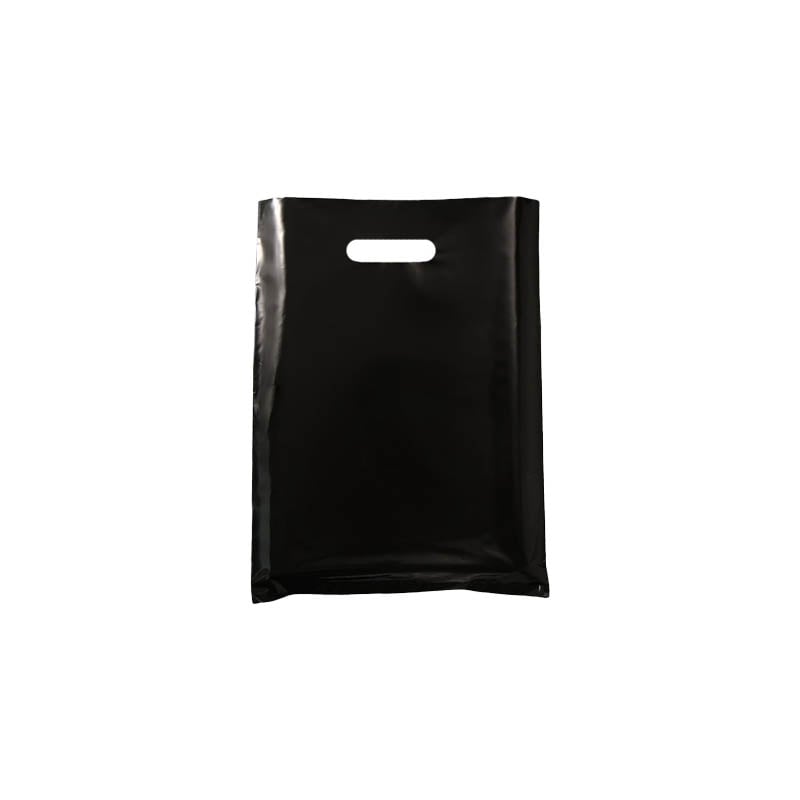 Small plastic bags with die cut handles 200x300mm black 100 pack ABZ Packaging