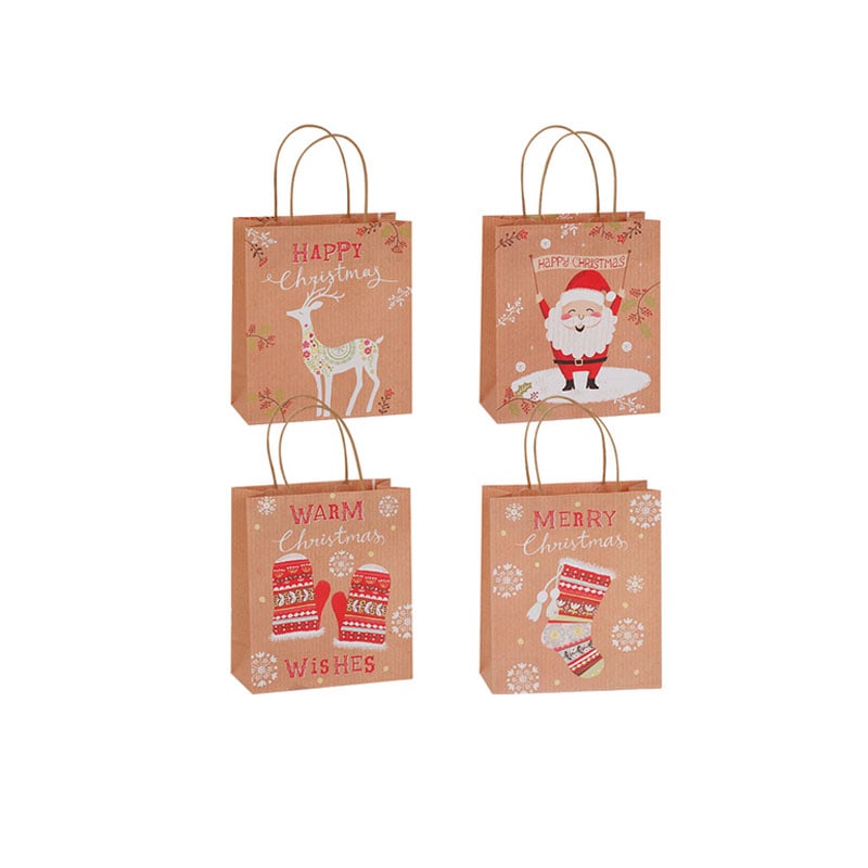 Small Xmas Kraft Paper Bags with Handles 210x255x100mm - 48/Pack - dimensions