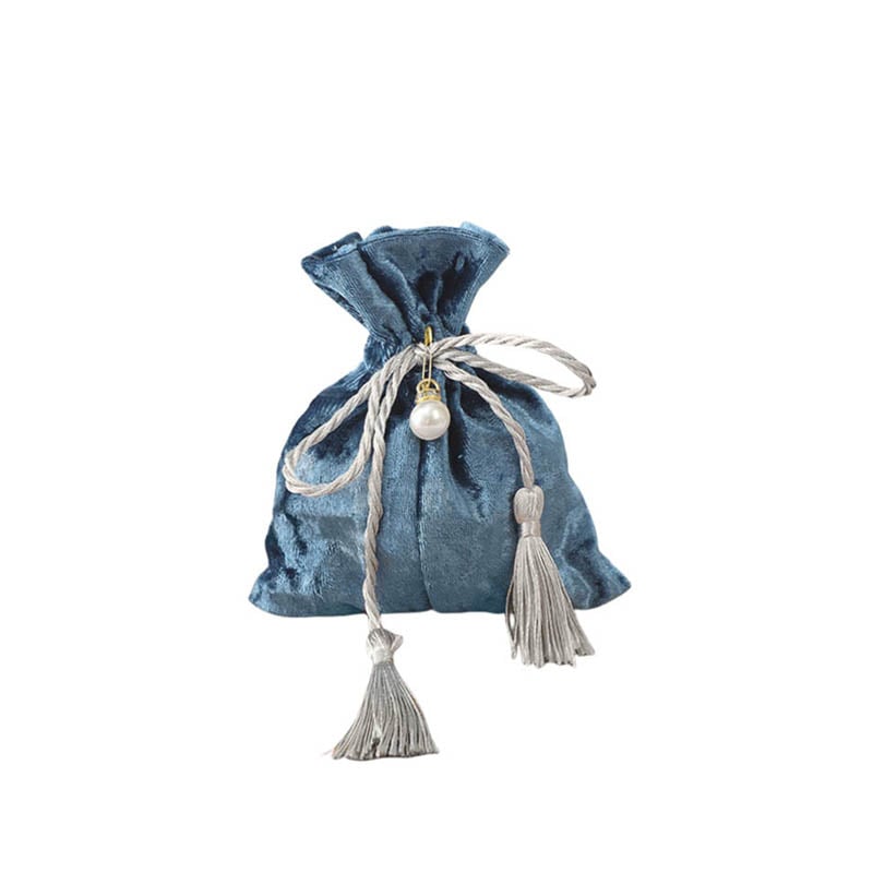 Velvet Tassel Drawstring Bags with Pearl 120x140mm Navy Blue - 10/Pack - dimensions