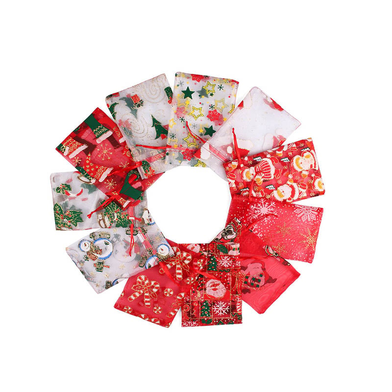 Christmas Organza Bags 100x150mm Mixed Patterns - 50/Pack