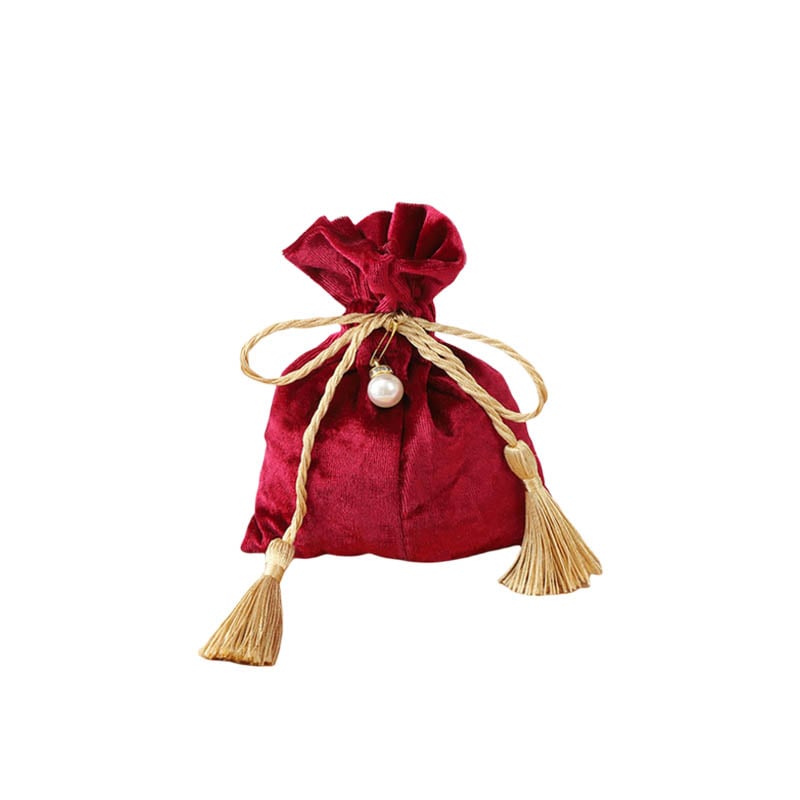 Velvet Tassel Drawstring Bags with Pearl 120x140mm Red - 10/Pack - dimensions